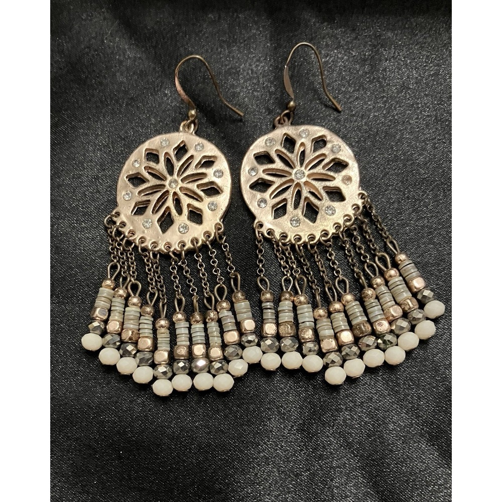 Boho Sand Dollar Dangle Chandelier Beaded Crystal Earrings  Vintage Style